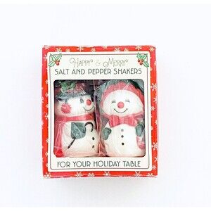 VTG Hallmark Christmas Salt Pepper Shakers Happy Merry Snowman Snow Woman Host
